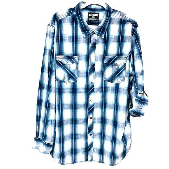 Skully Western Snap Shirt Men's 2XL 50 Chest Blue Plaid Roll Tab Sleeves - Picture 1 of 6